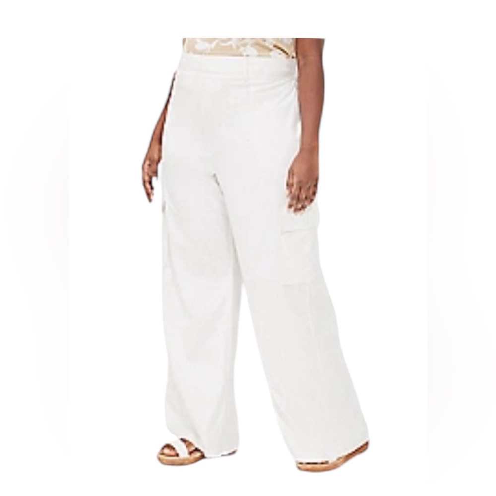 Lane Bryant 24 White Pants Pull-On Linen  Blend Straight Leg Cargo Trousers NWT